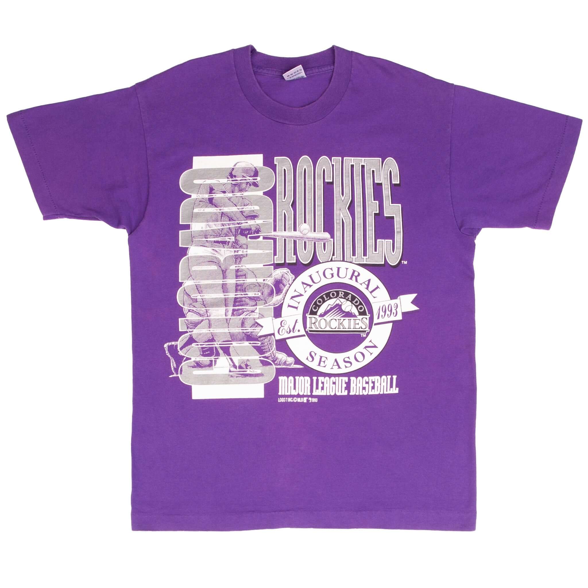 Front of purple Colorado Rockies 1993 inaugural season graphic T-shirt