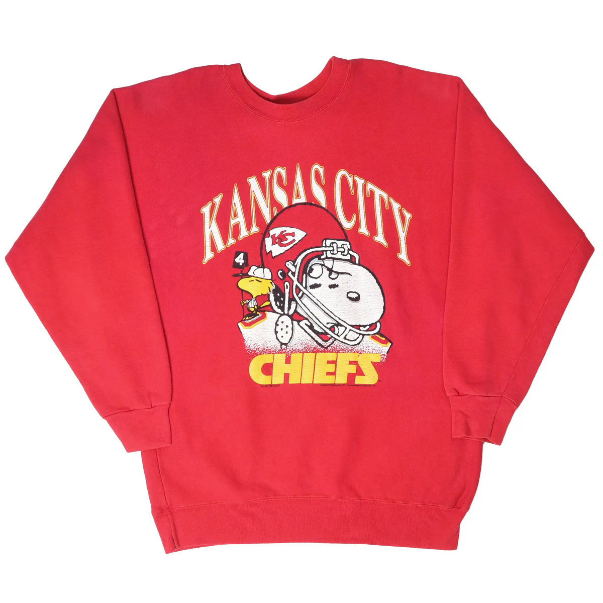 Full front view of red Chiefs sweatshirt featuring Snoopy and Woodstock graphic