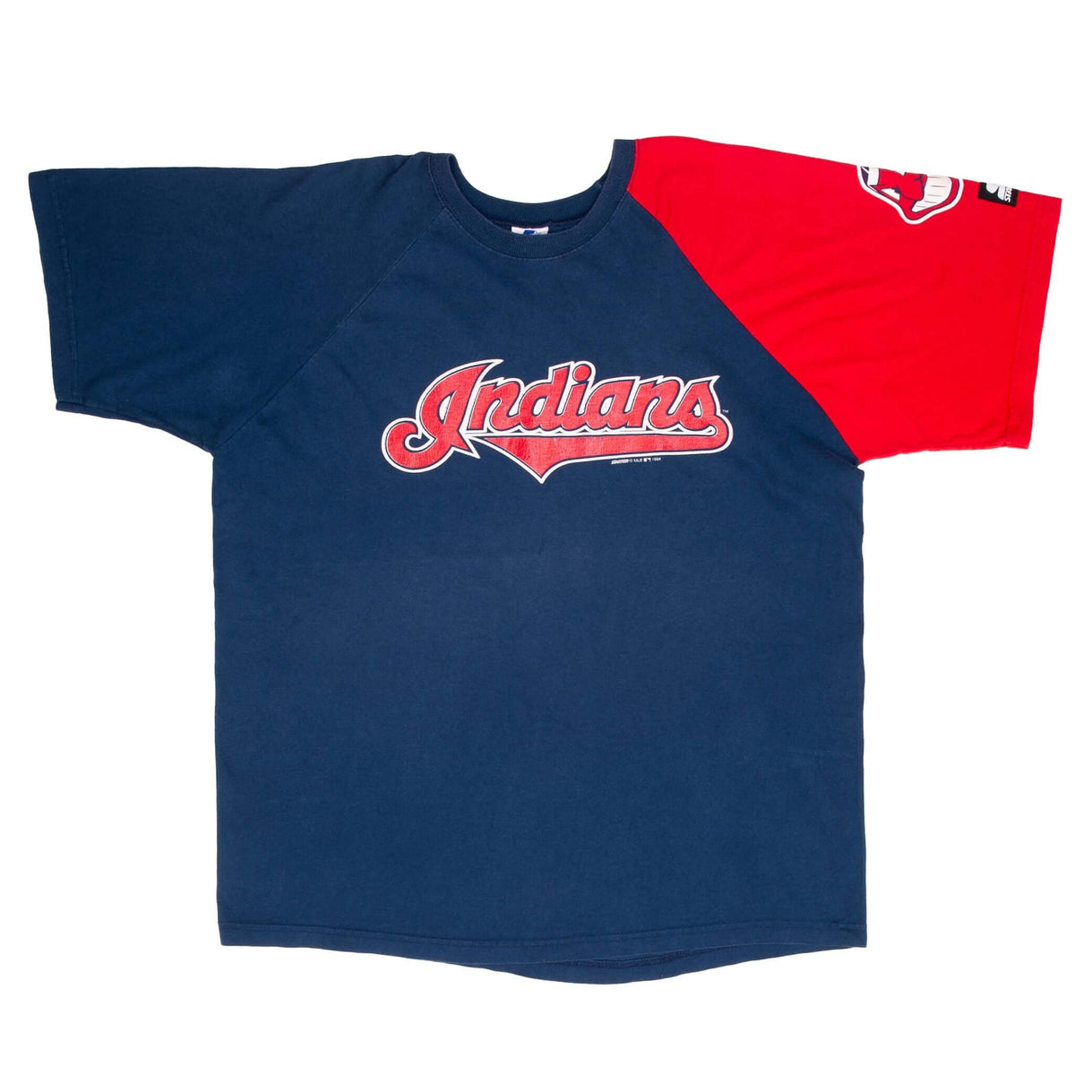 Front of Cleveland Indians navy Starter T-shirt with red contrast sleeve and script logo