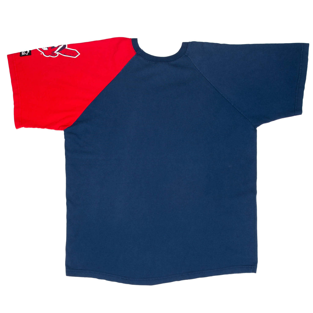 Back of Cleveland Indians navy T-shirt with one red contrast sleeve