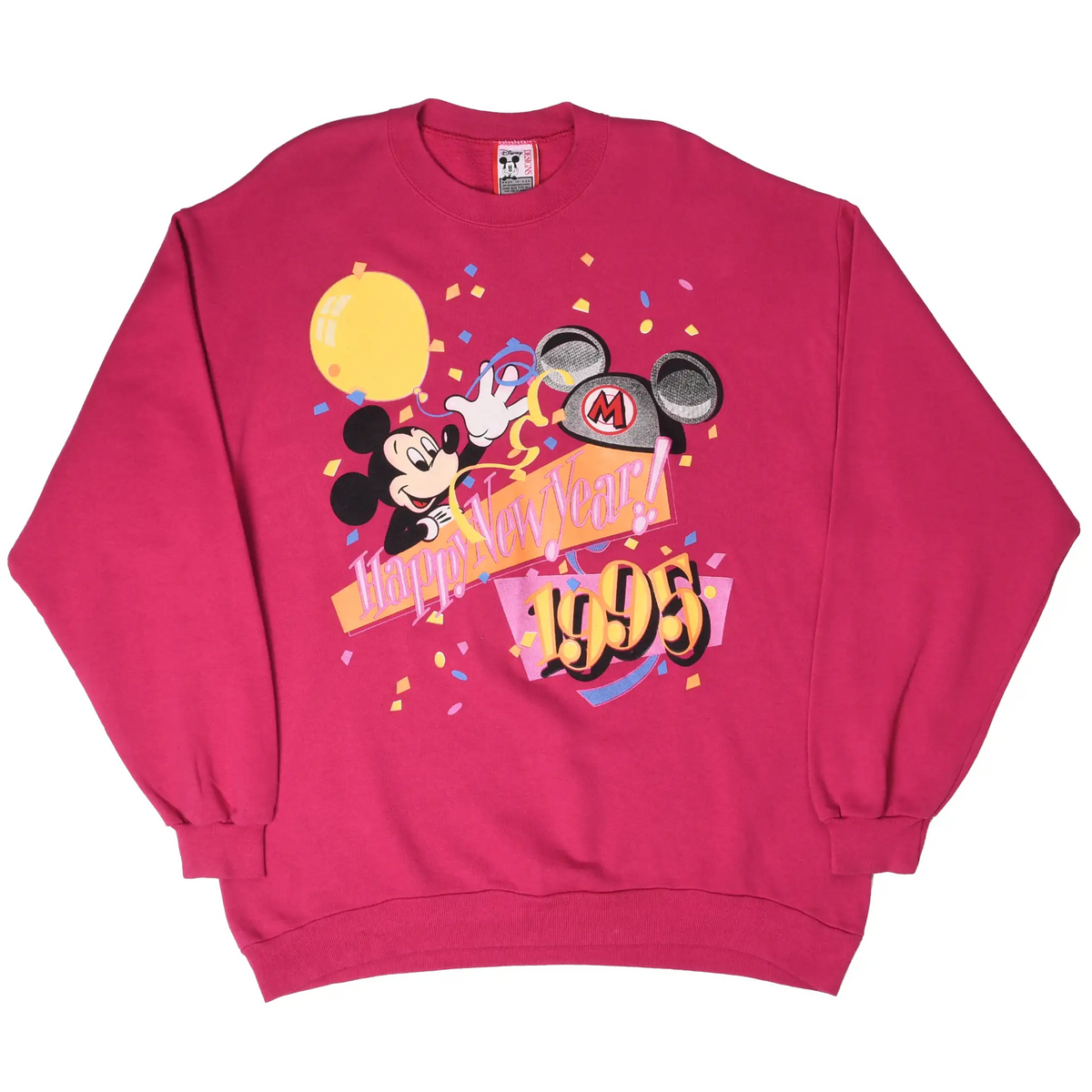 Full front view of pink Disney sweatshirt featuring Mickey Mouse and Happy New Year 1995 print
