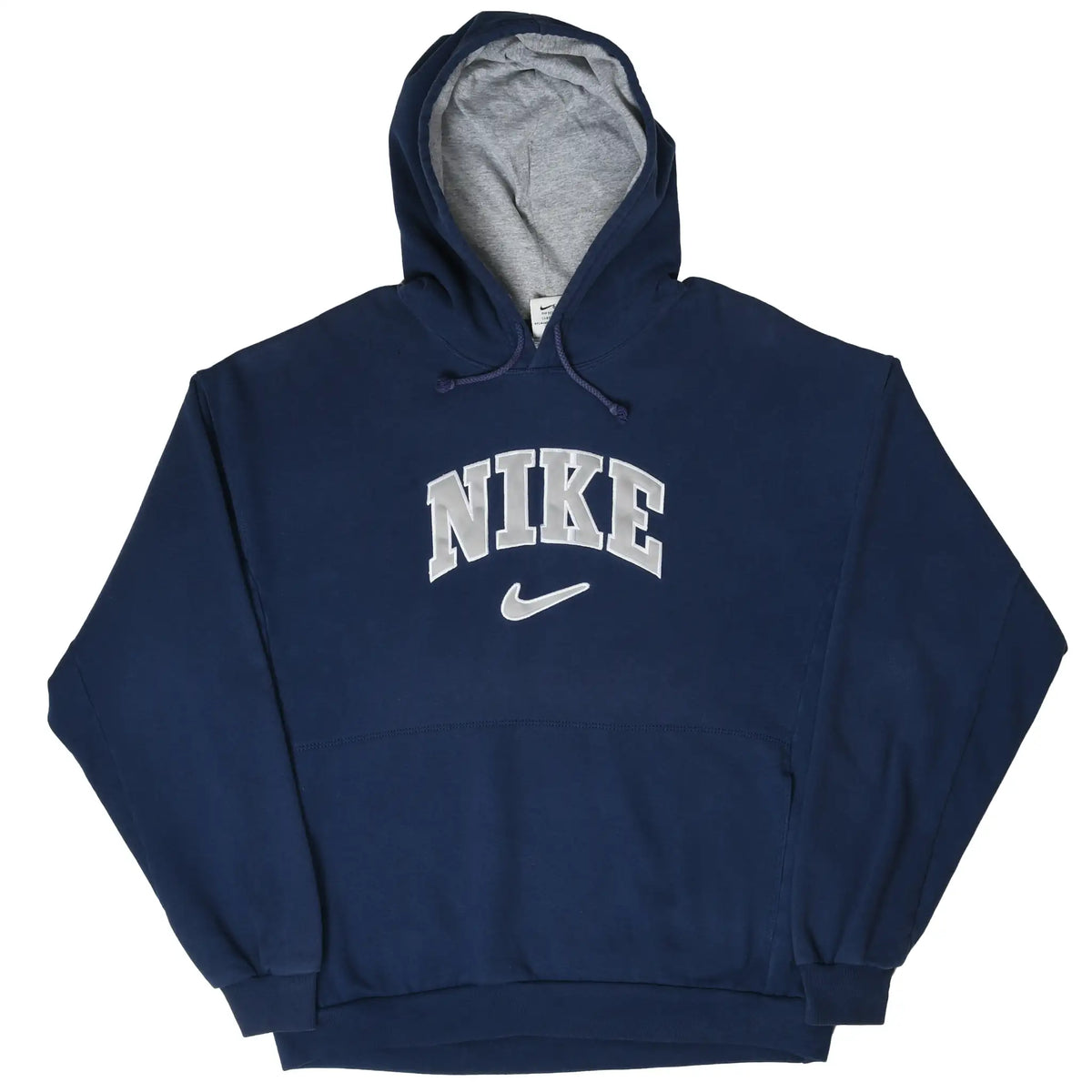Front of navy blue Nike hoodie with gray hood lining, spellout, and Swoosh