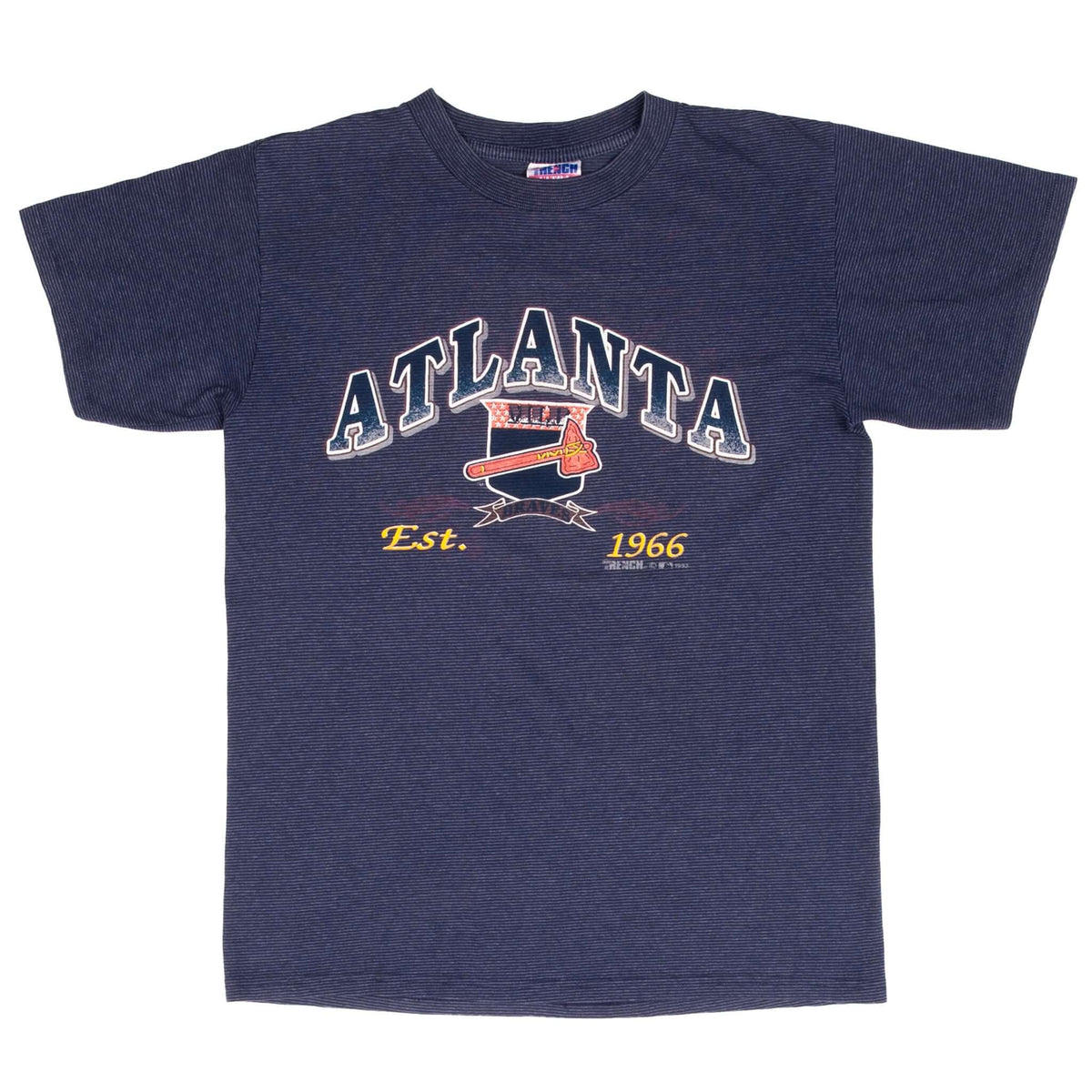 Full front of navy striped Atlanta Braves T-shirt with team logo and Est. 1966 graphic