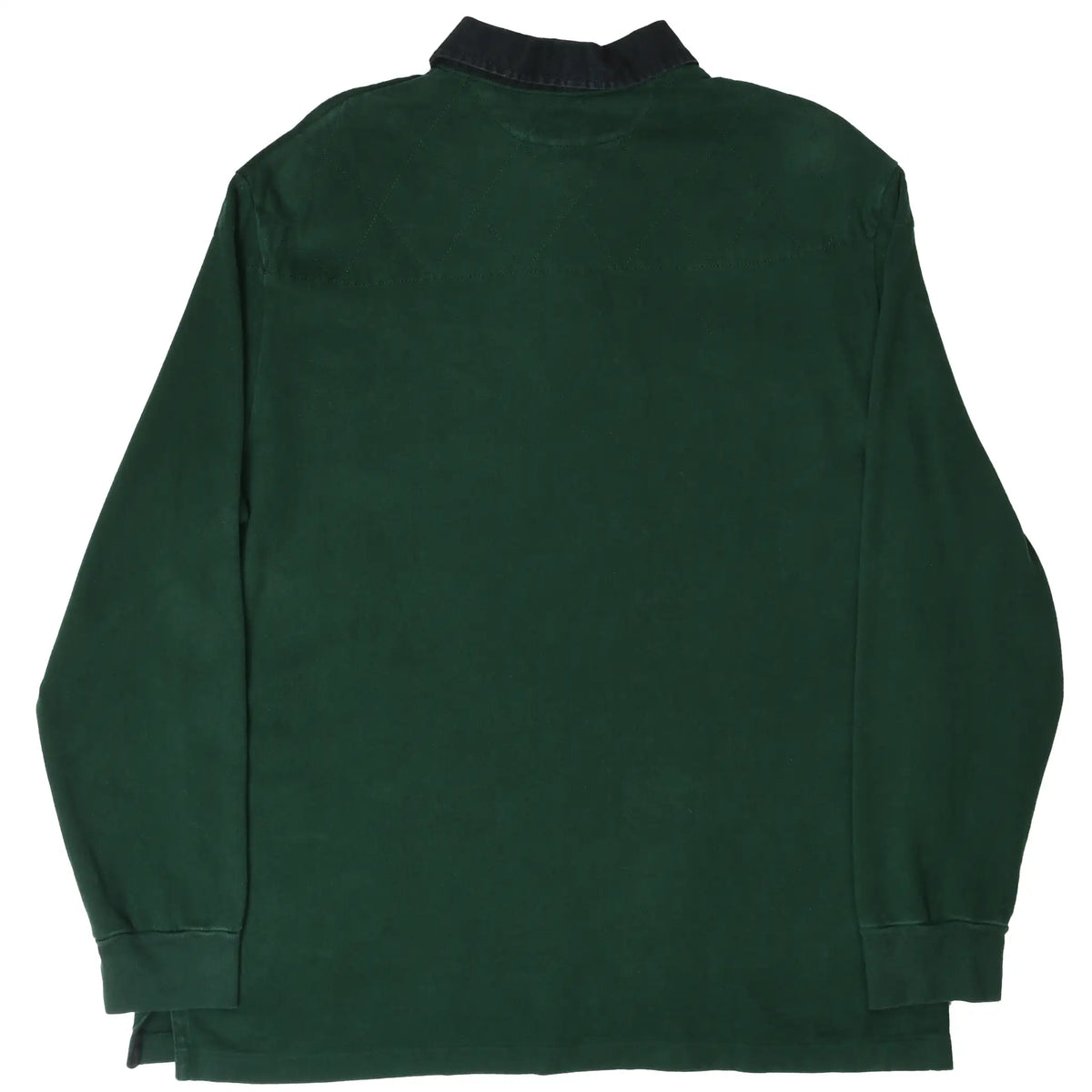 Back of dark green Polo Ralph Lauren long-sleeve rugby shirt with black collar