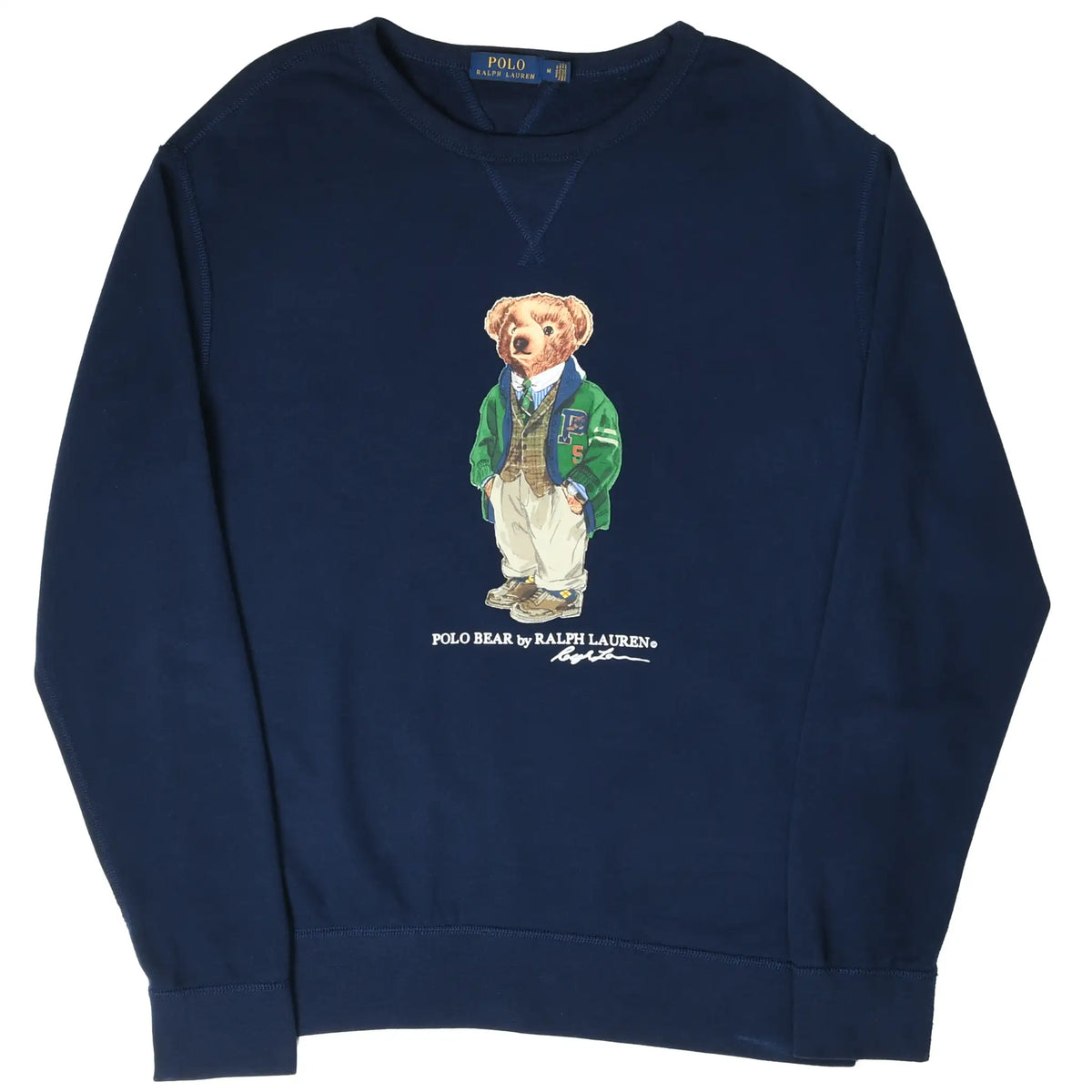 Full front view of navy Polo Ralph Lauren sweatshirt with Polo Bear graphic