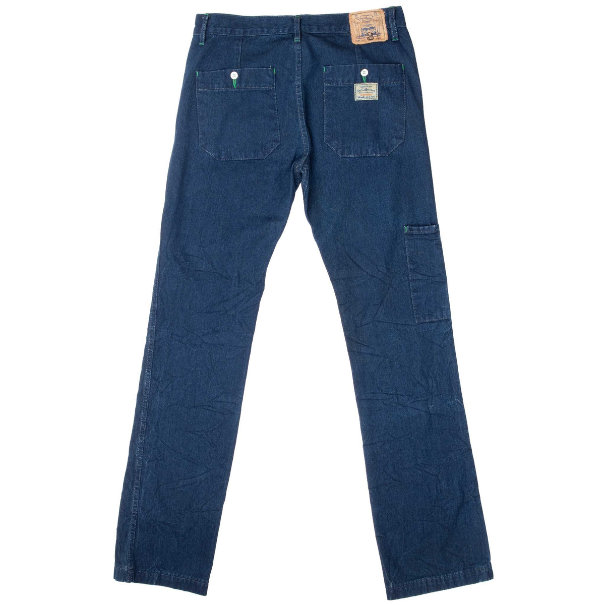 Back view of Dr. Collectors Lot P03 blue worker jeans with patch pockets and utility pocket