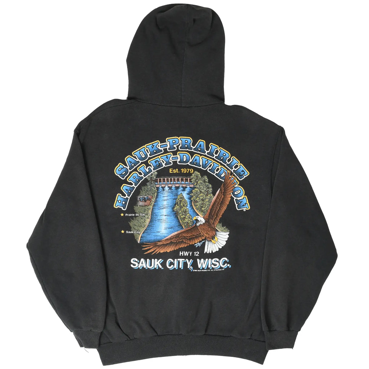 Back view of black Harley-Davidson hoodie featuring Sauk-Prairie eagle and Wisconsin river print