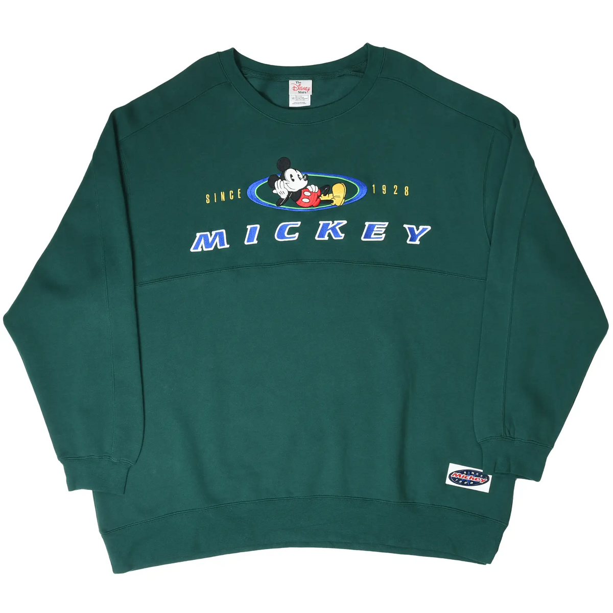 Full front view of dark green Disney Mickey Mouse embroidered sweatshirt