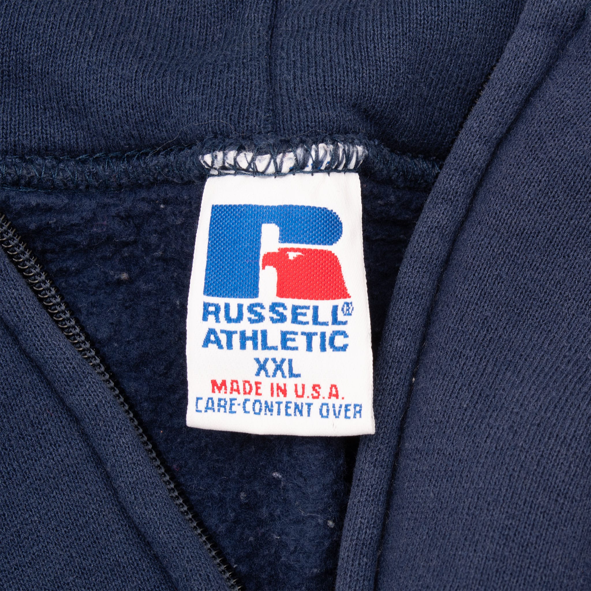 Russell Athletic XXL Made in USA neck label inside navy hoodie