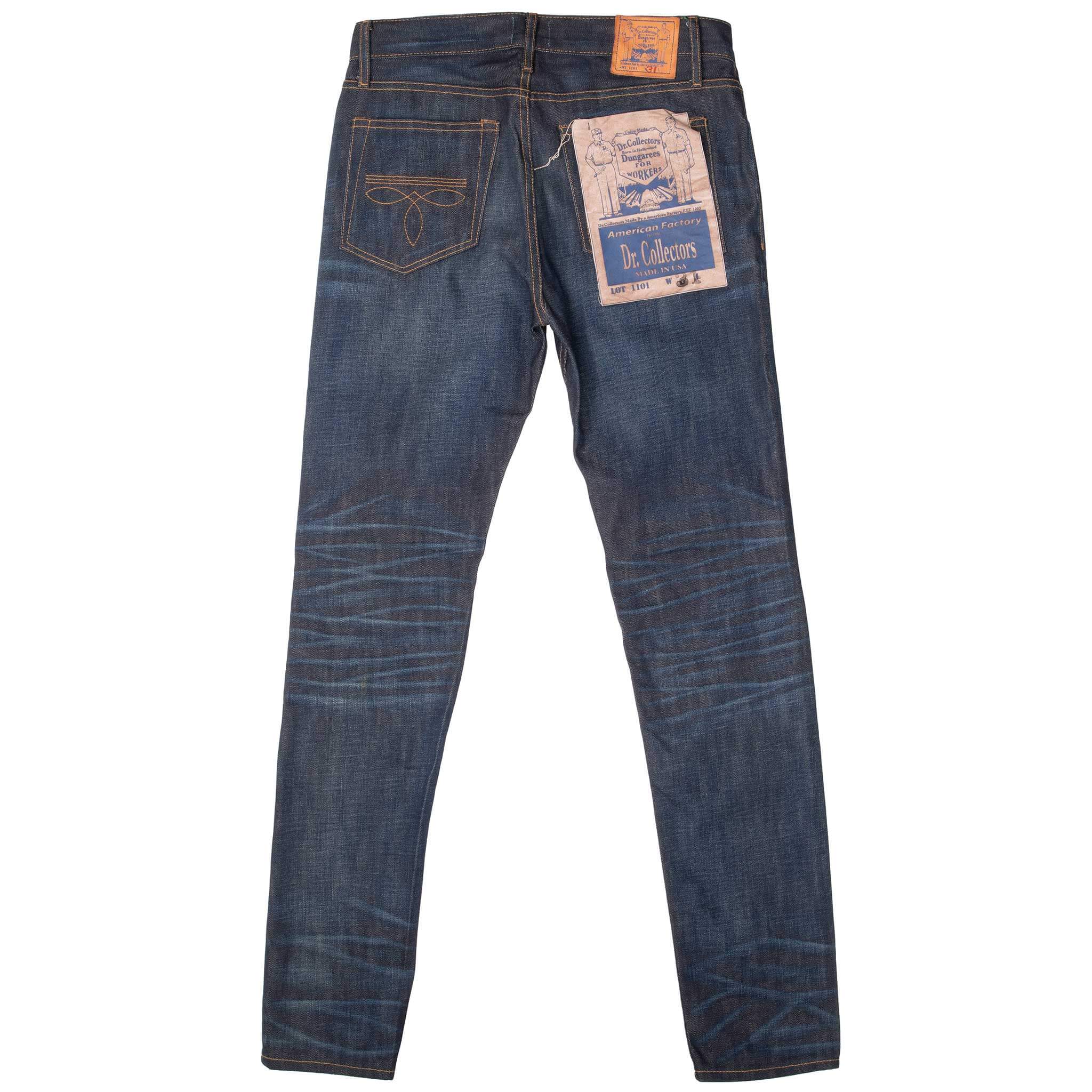 Back of Dr. Collectors Lot 08 dark wash blue jeans with pocket tag and waistband patch
