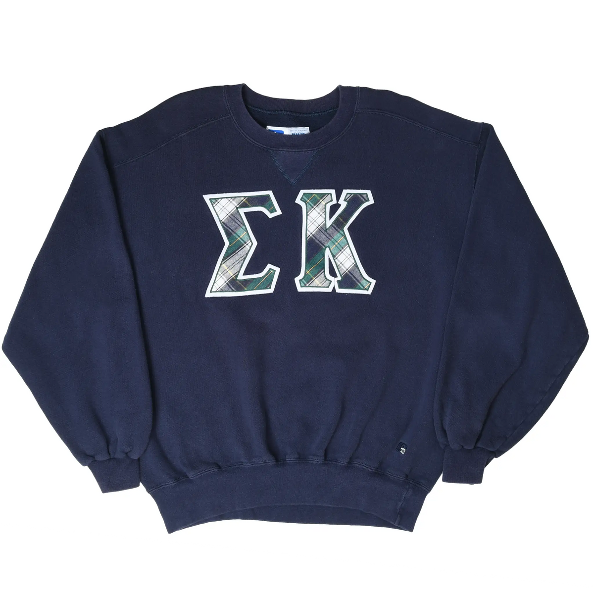 Front view of navy Russell Athletic crewneck sweatshirt with plaid Epsilon Kappa letters