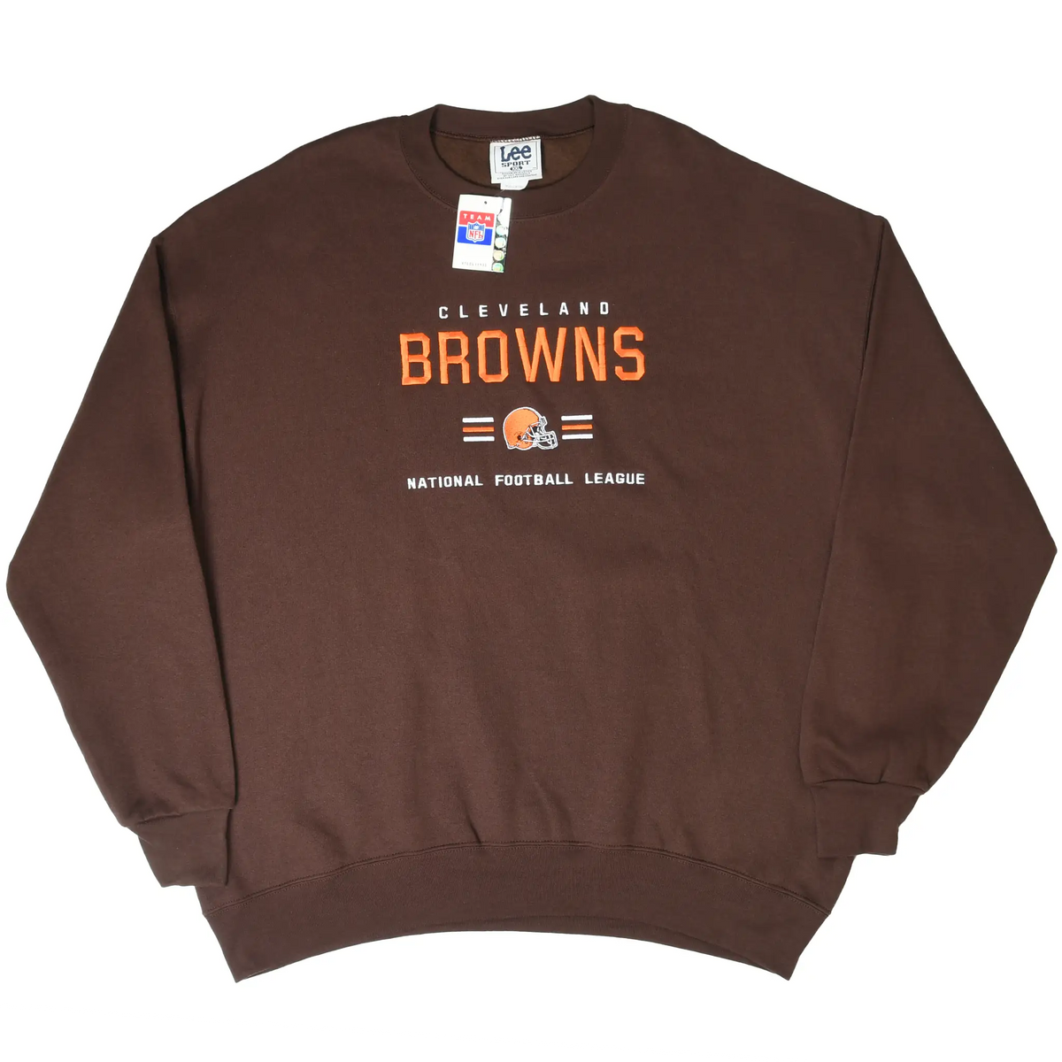 Full front view of brown Cleveland Browns sweatshirt with orange and white embroidered graphics
