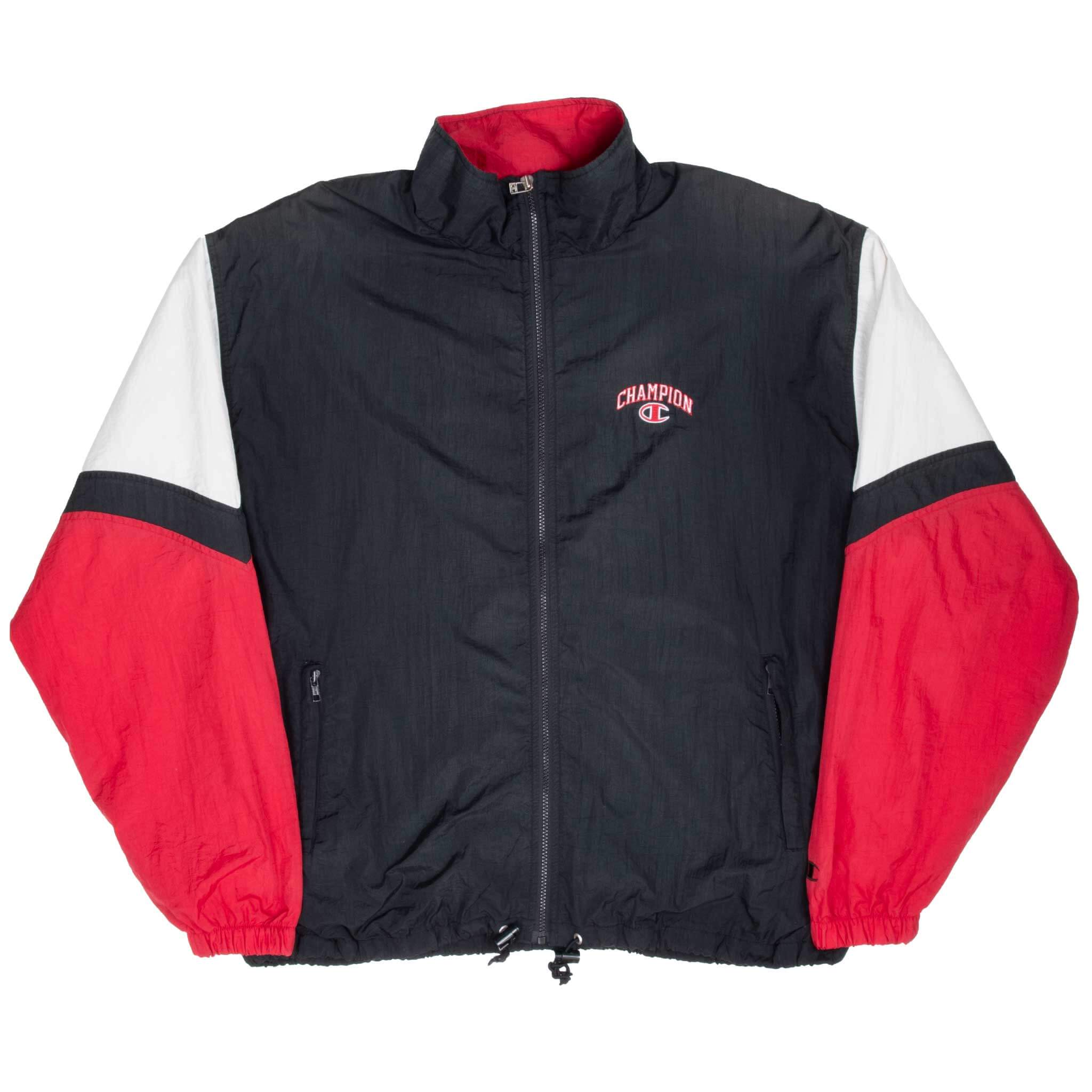 Front of Champion black zip-up windbreaker with red and white sleeves