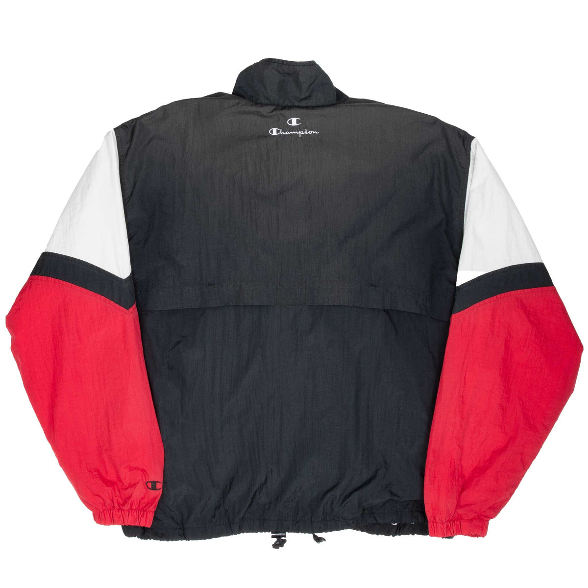Back of Champion black windbreaker with red and white sleeves and neck logo