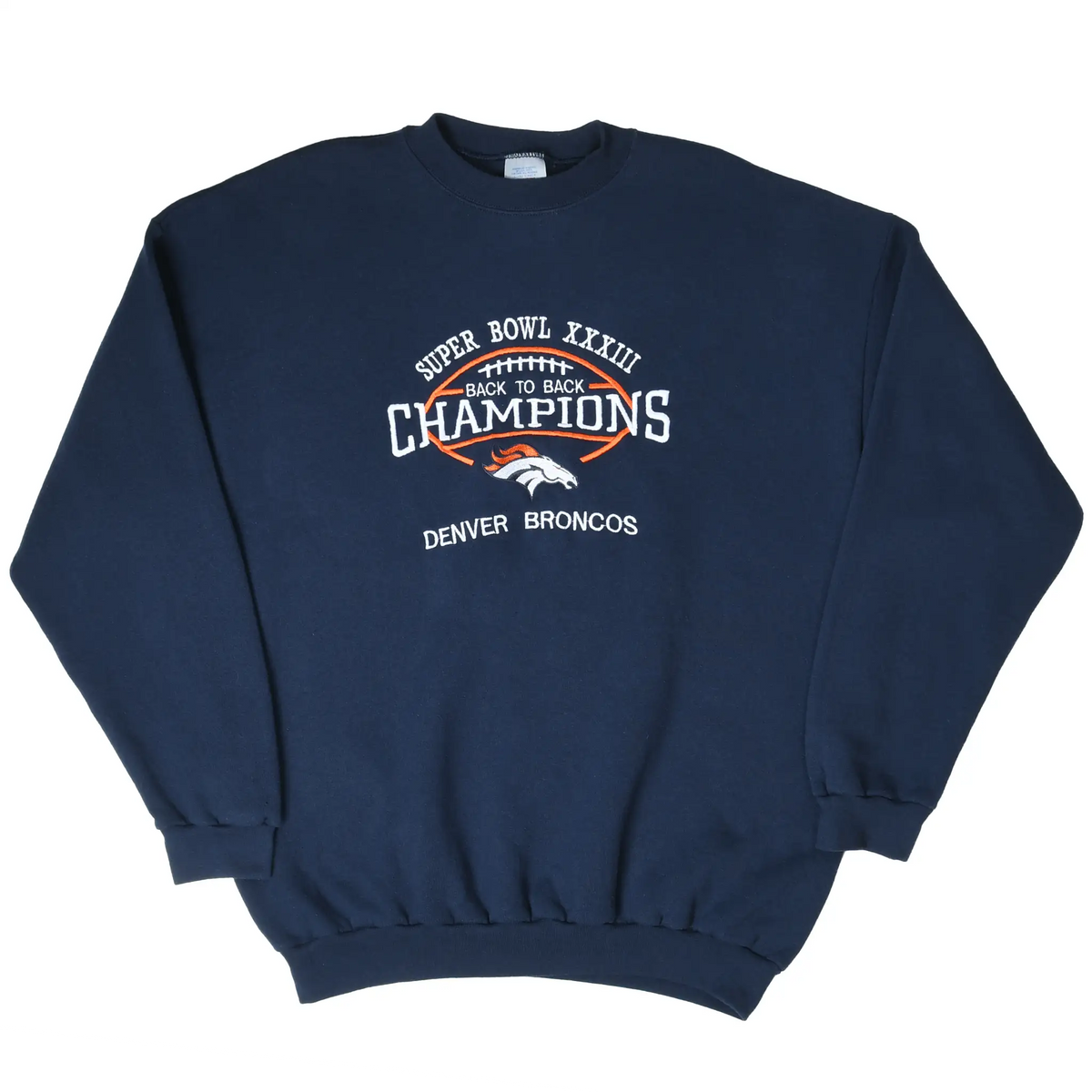 Full front view of navy Denver Broncos Super Bowl XXXIII champions sweatshirt