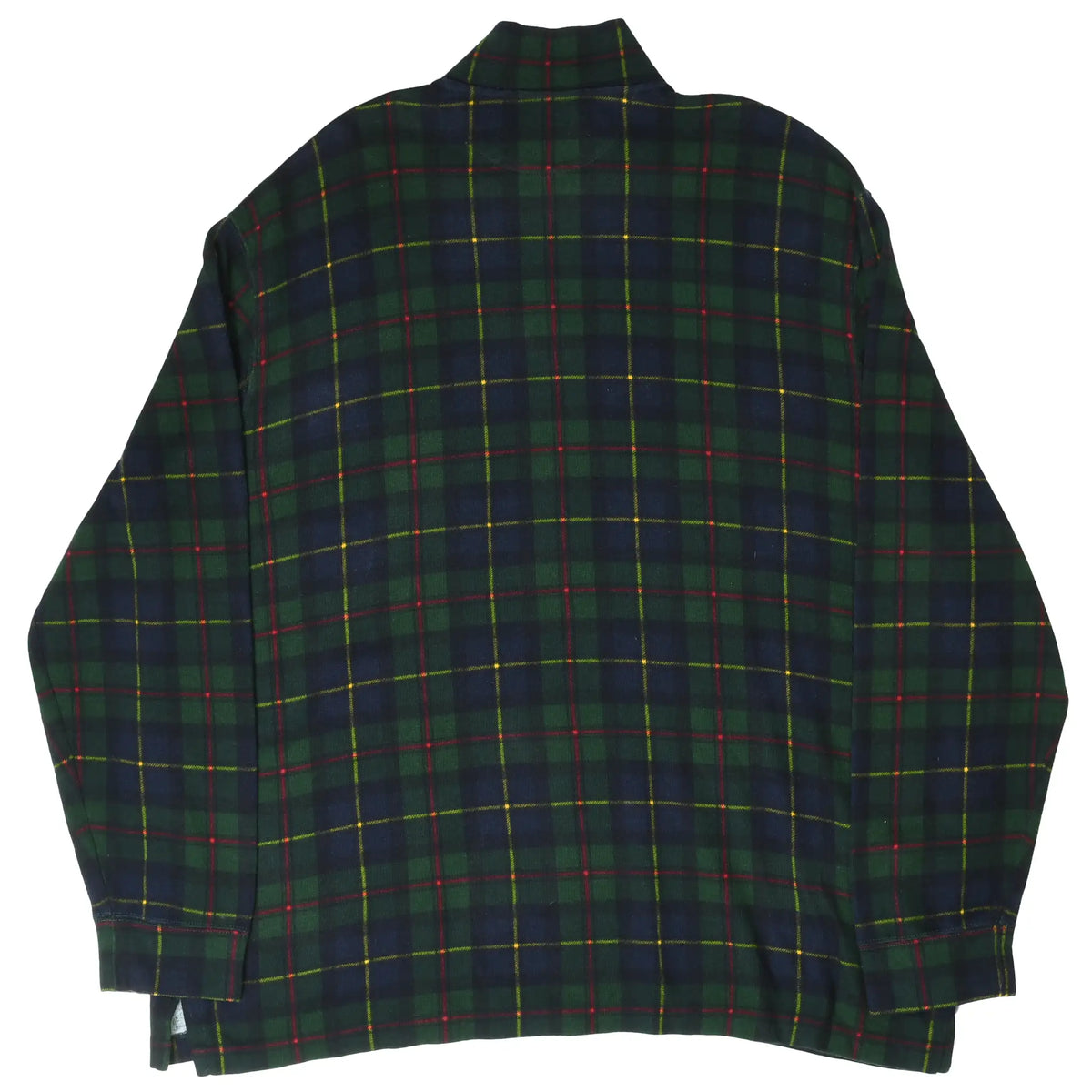 Back of Polo Ralph Lauren quarter-zip sweater in dark green, navy, red and yellow plaid