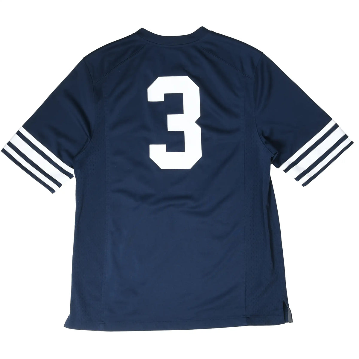 Back of navy BYU Cougars football jersey with white number 3 and striped sleeves