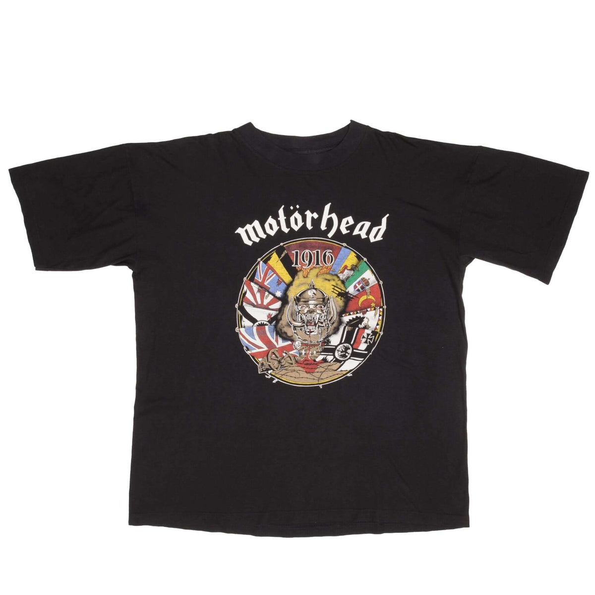 Full front view of black Motörhead T-shirt with 1916 graphic