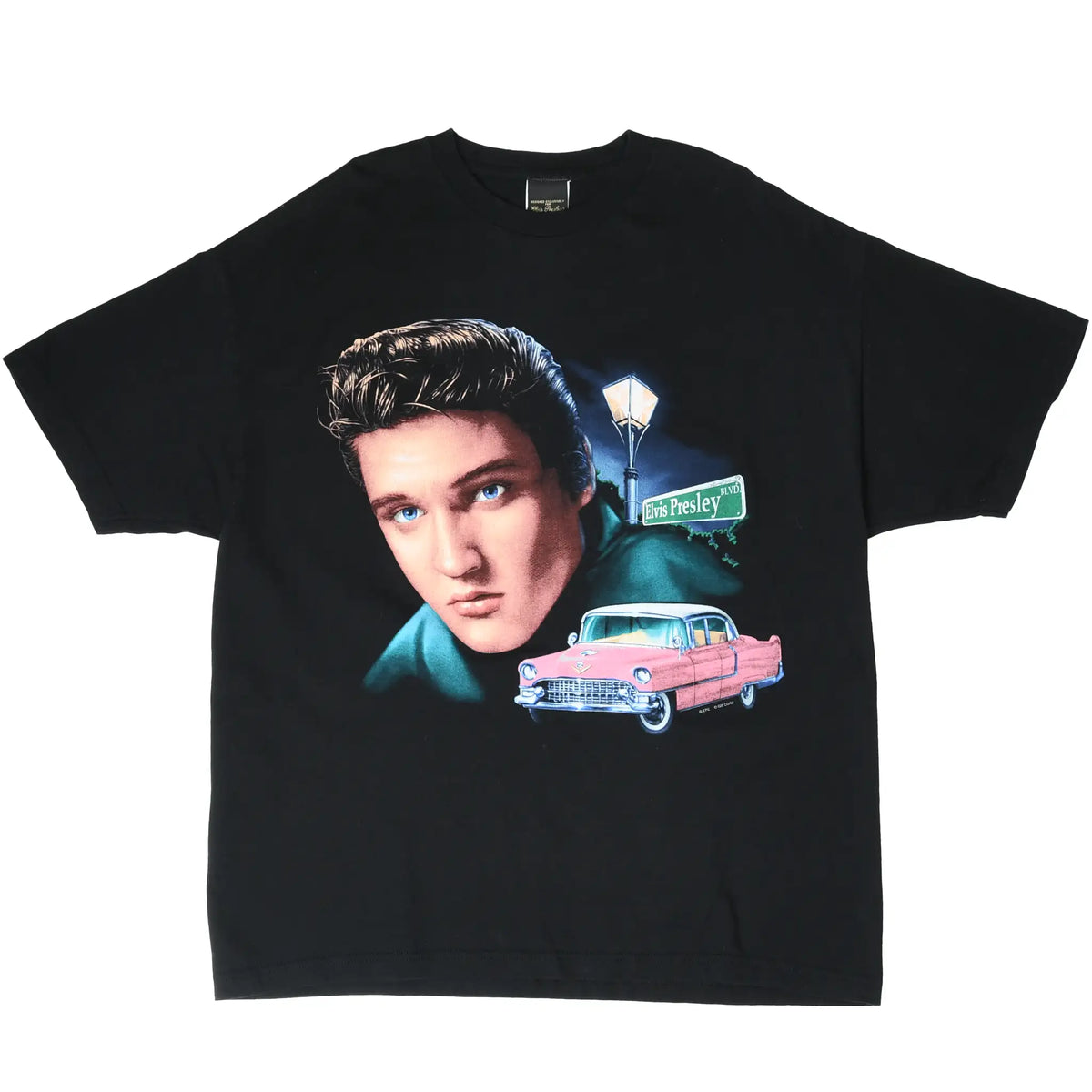 Full front of black Elvis Presley T-shirt with portrait, Elvis Presley Boulevard sign and pink Cadillac graphic