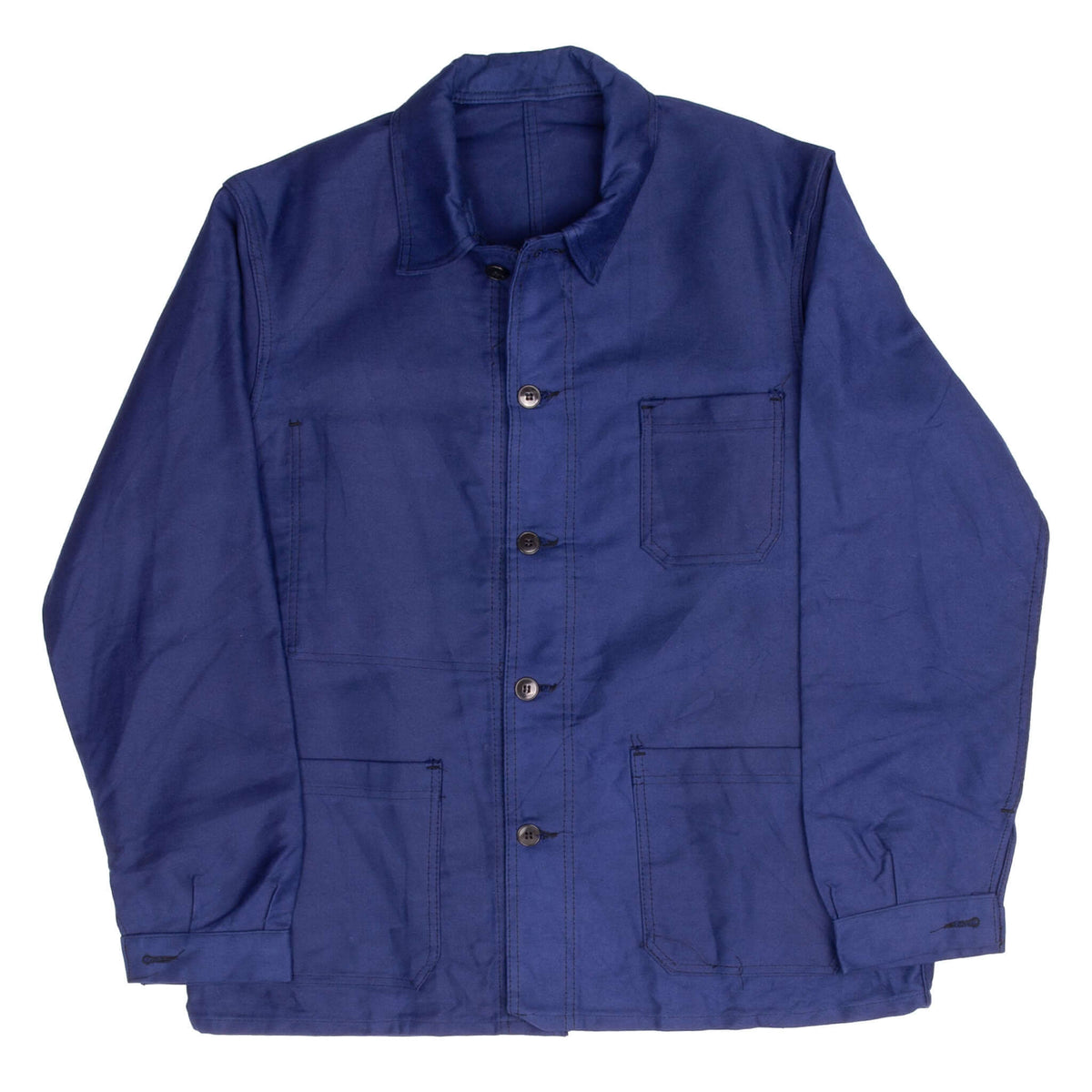 Full front view of blue Barbe Bleue French workwear jacket