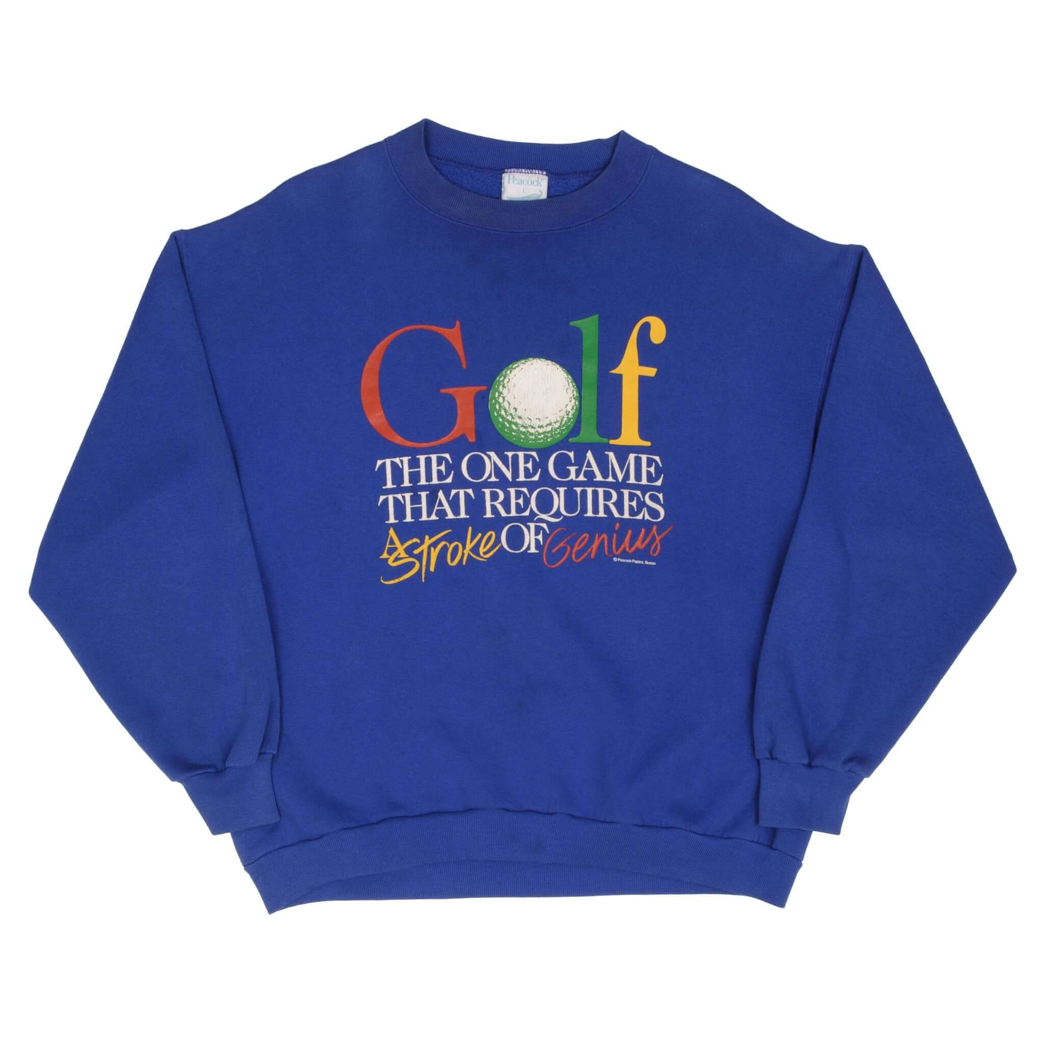Full front view of blue sweatshirt with multicolor Golf Stroke of Genius graphic