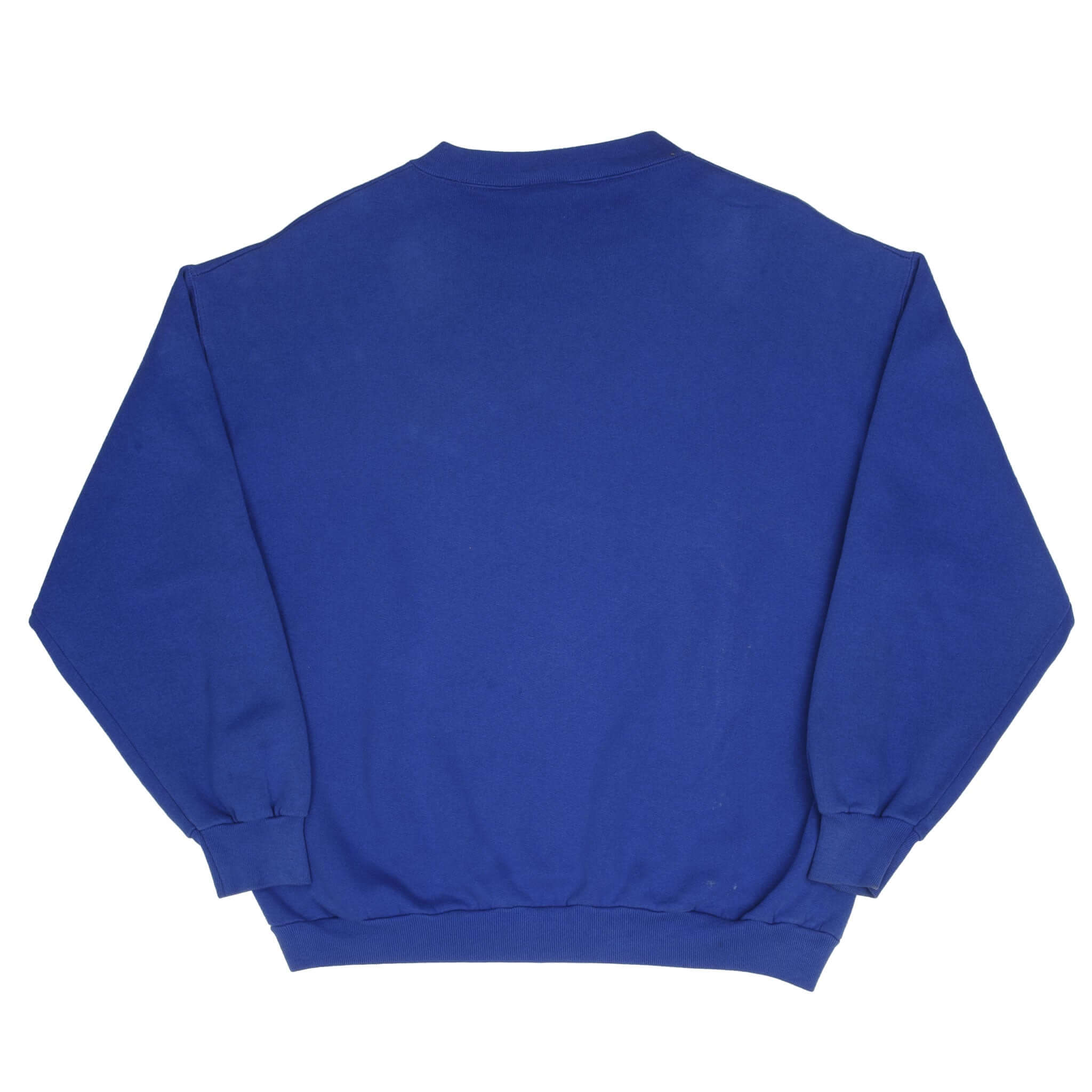 Back of blue crewneck sweatshirt with plain design