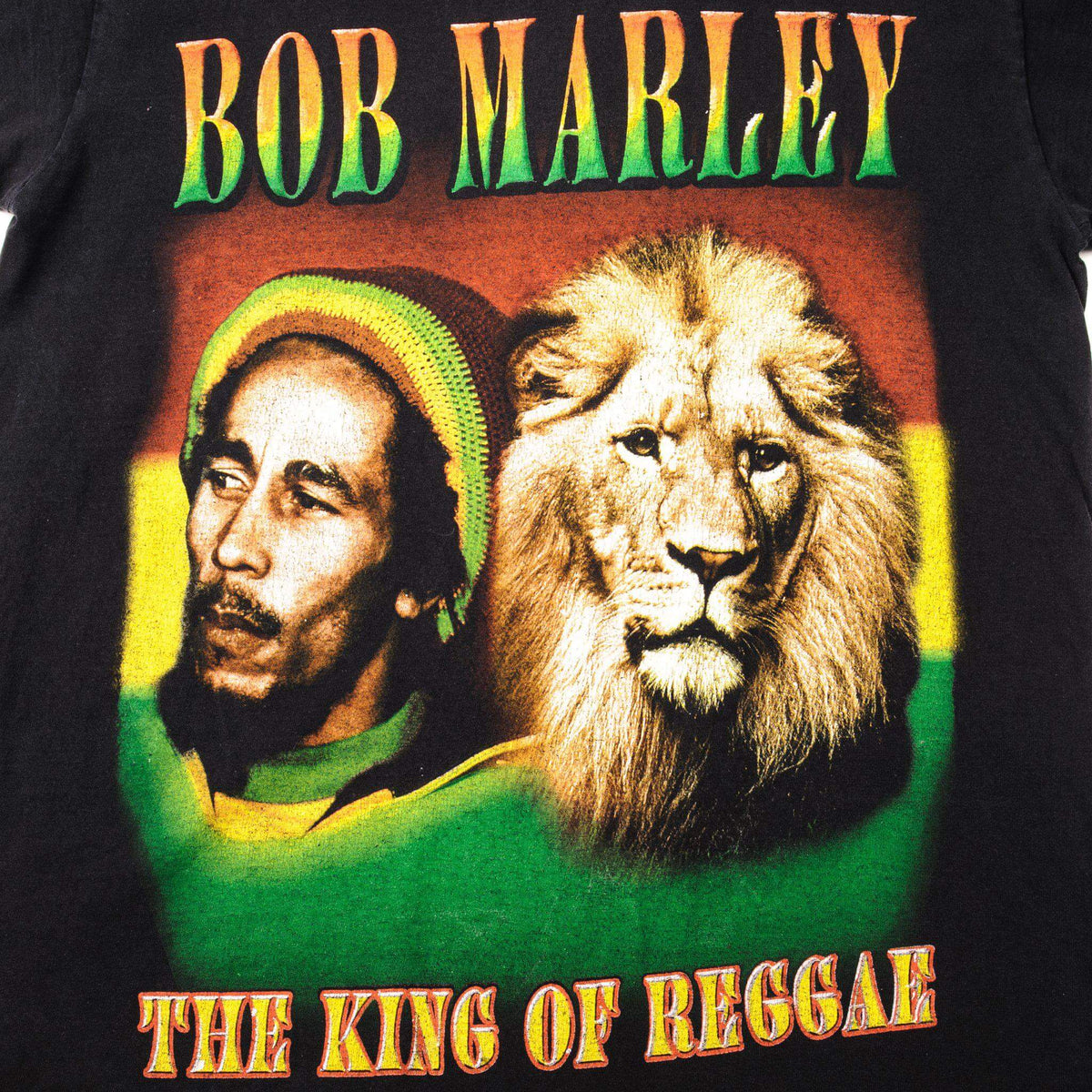 Bob Marley and lion front graphic with The King of Reggae text