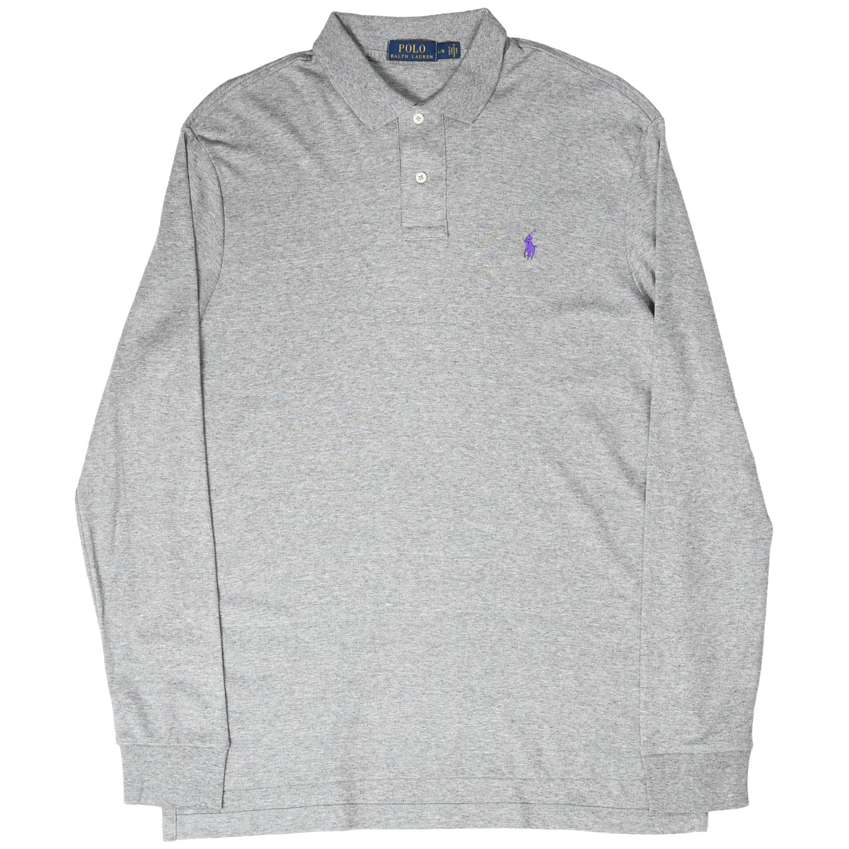 Full front view of grey Polo Ralph Lauren long-sleeve polo shirt