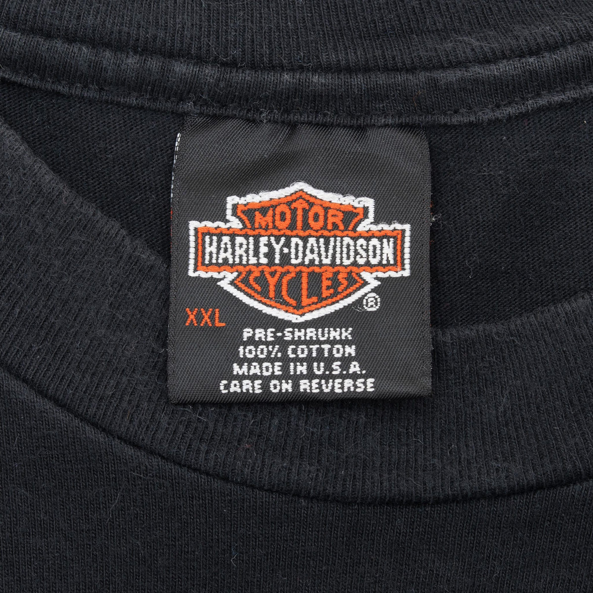Harley-Davidson Motor Cycles XXL neck tag on black T-shirt