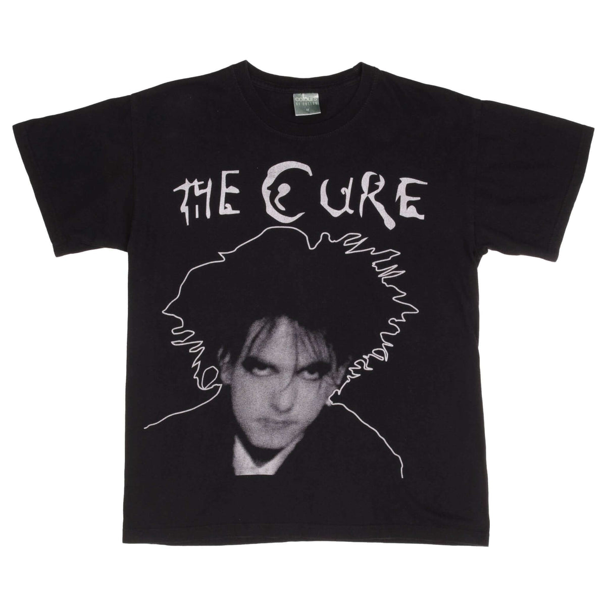 Front of black The Cure tour T-shirt with white logo and Robert Smith portrait