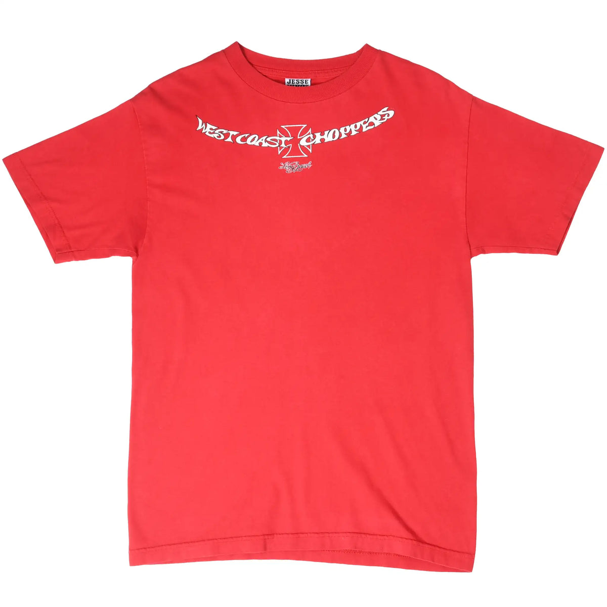 Full front view of red West Coast Choppers T-shirt with white chest print