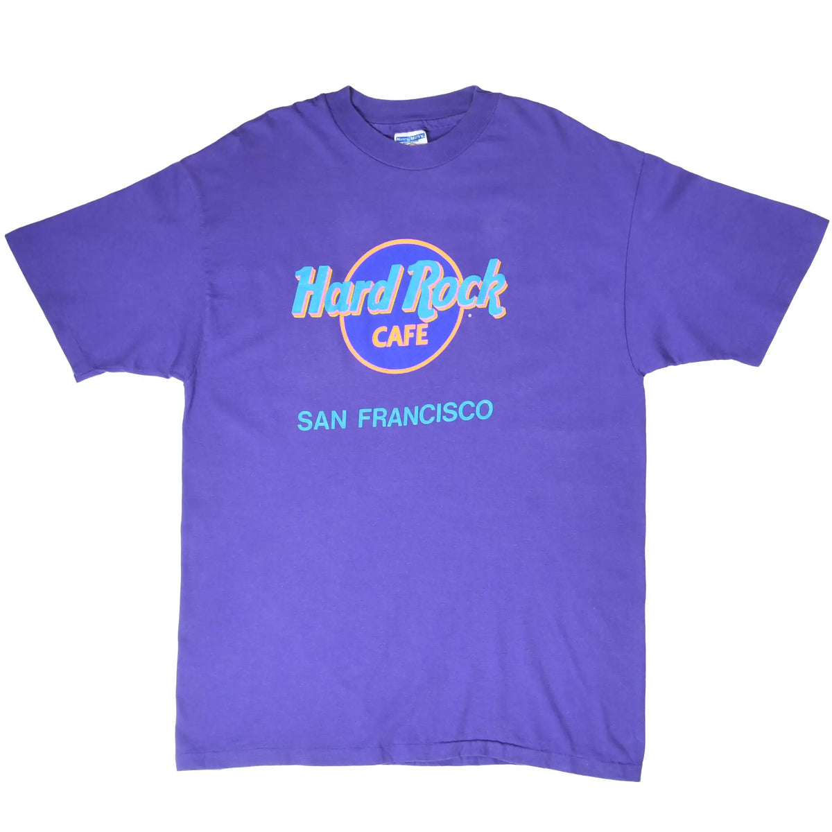 Full front of purple Hard Rock Cafe San Francisco T-shirt with colorful chest graphic