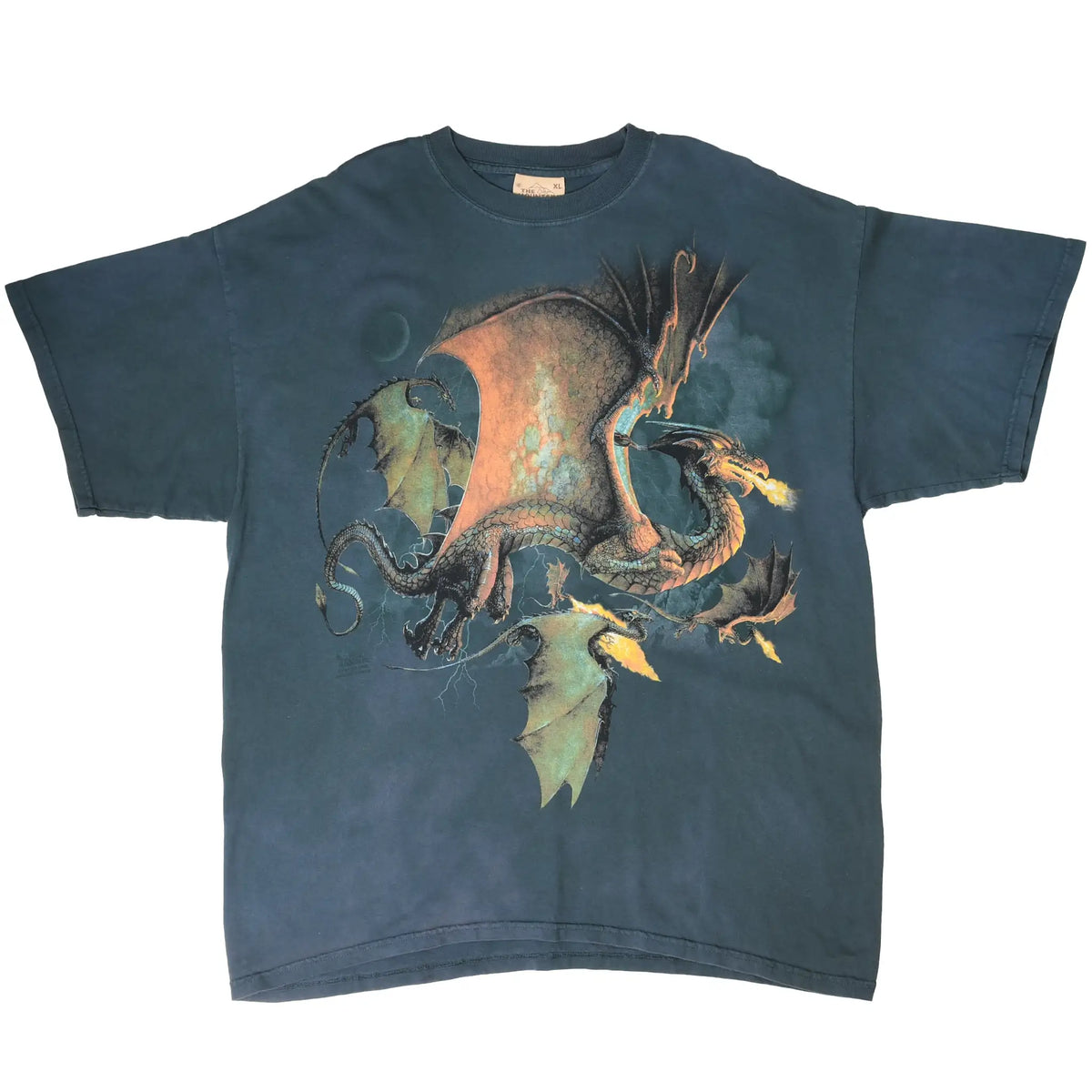 Full front view of blue-gray The Mountain T-shirt with multicolor dragon graphic