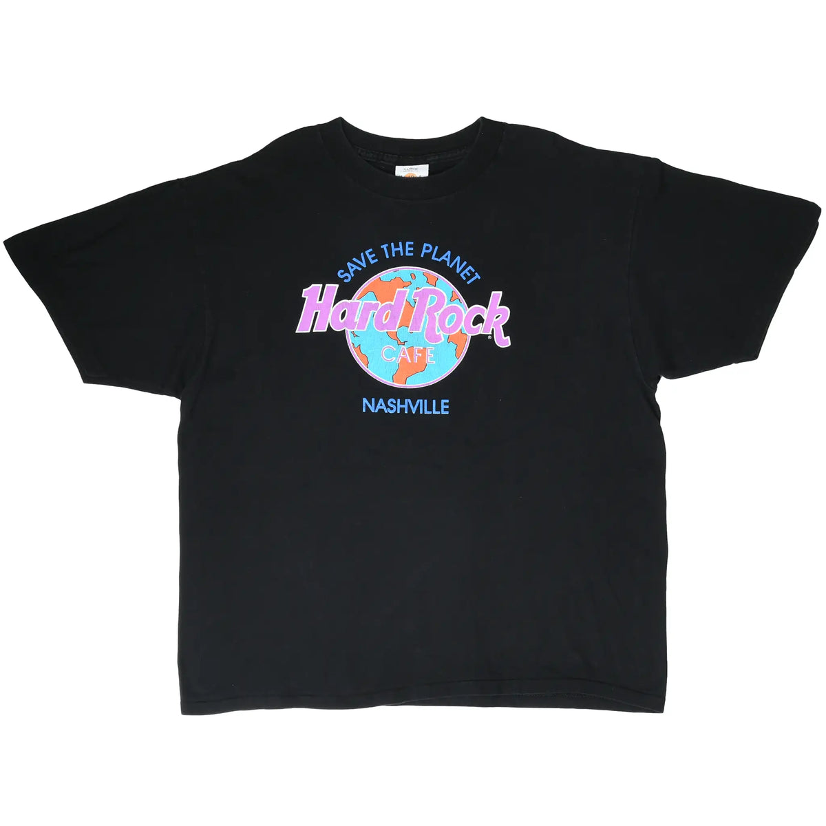 Full front view of black Hard Rock Cafe Nashville T-shirt with Save the Planet graphic