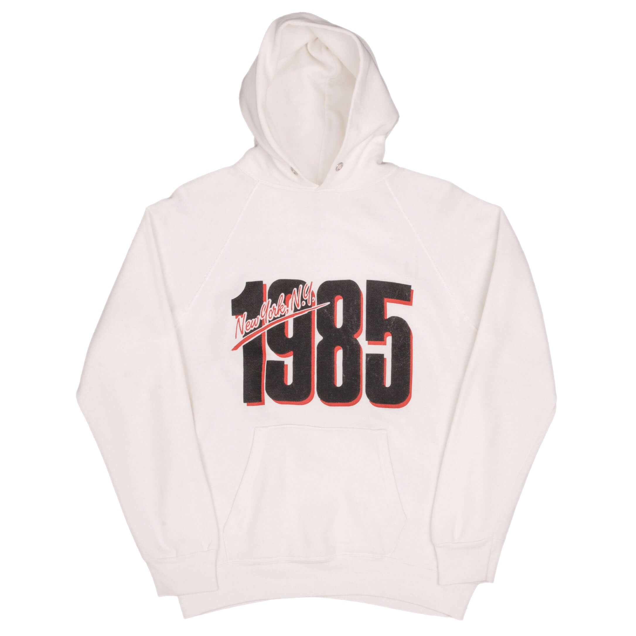Full front view of white Champion hoodie with New York, N.Y. 1985 graphic and pouch pocket