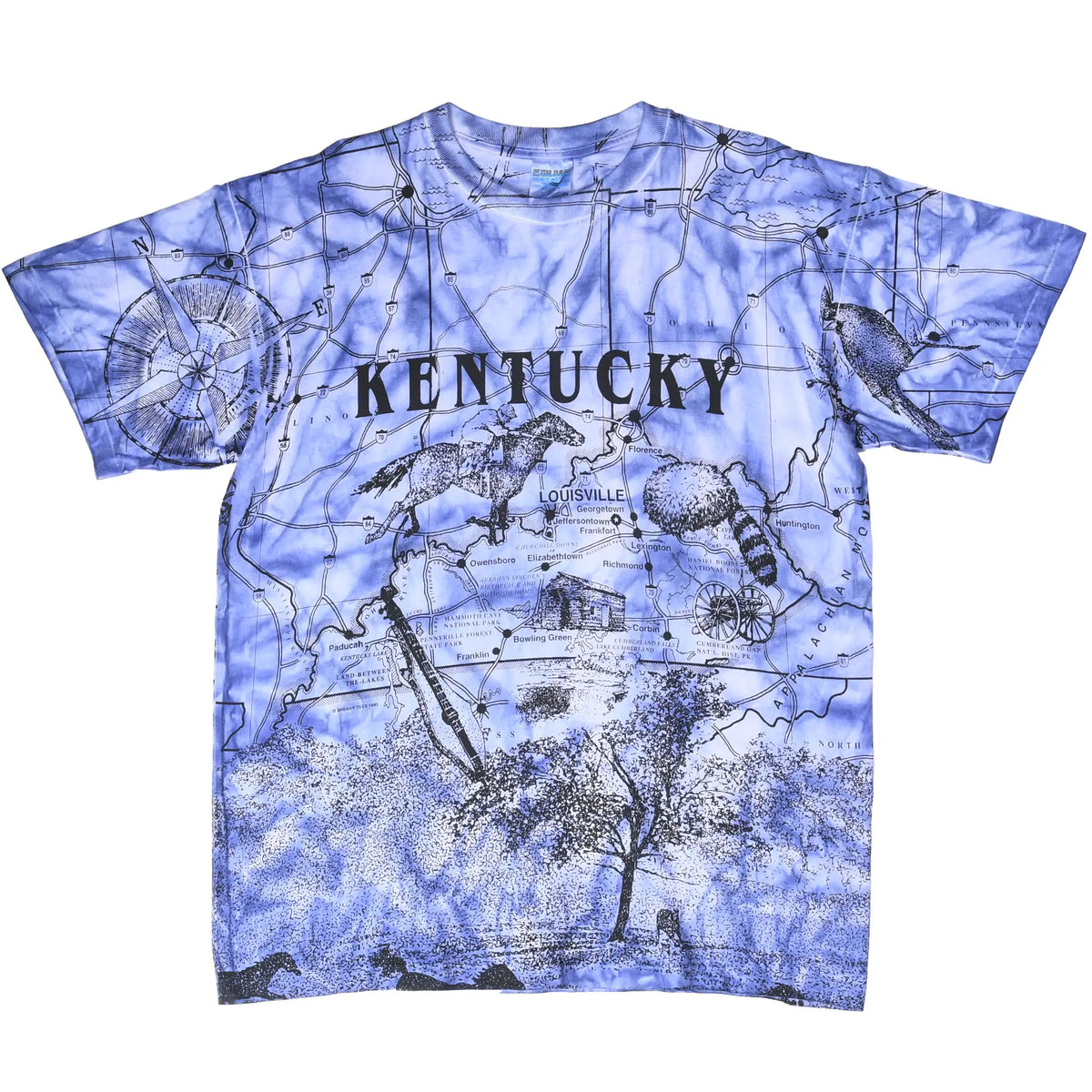 Front of blue tie-dye Kentucky T-shirt with all-over map, wildlife and landscape graphic