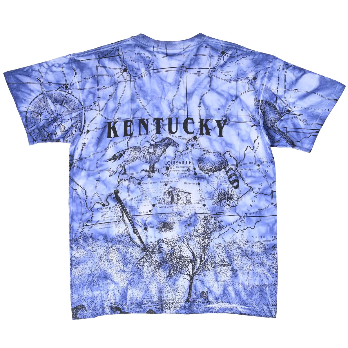 Back of blue tie-dye Kentucky T-shirt with all-over map, wildlife and landscape print