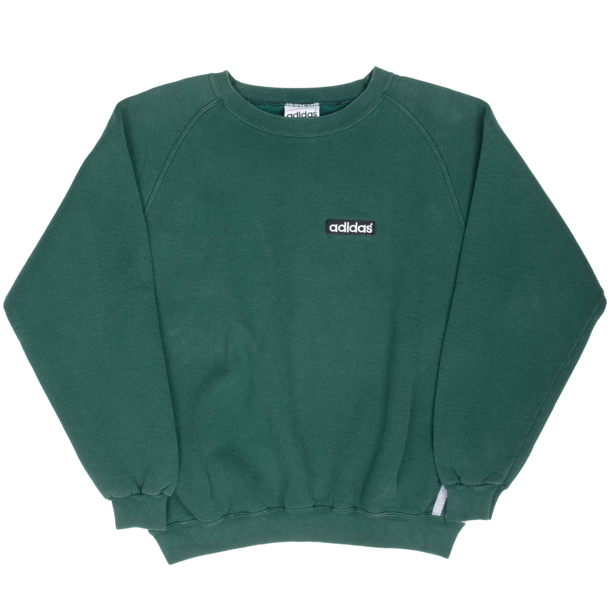 Full front view of green Adidas crewneck sweatshirt with ribbed cuffs and hem