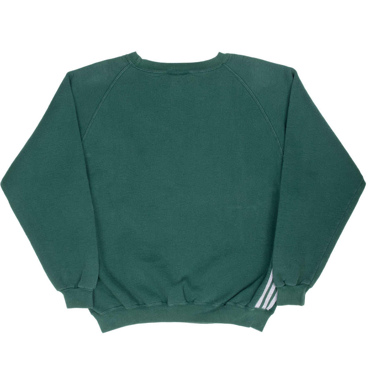 Back of green Adidas crewneck sweatshirt with three white stripes near the hem