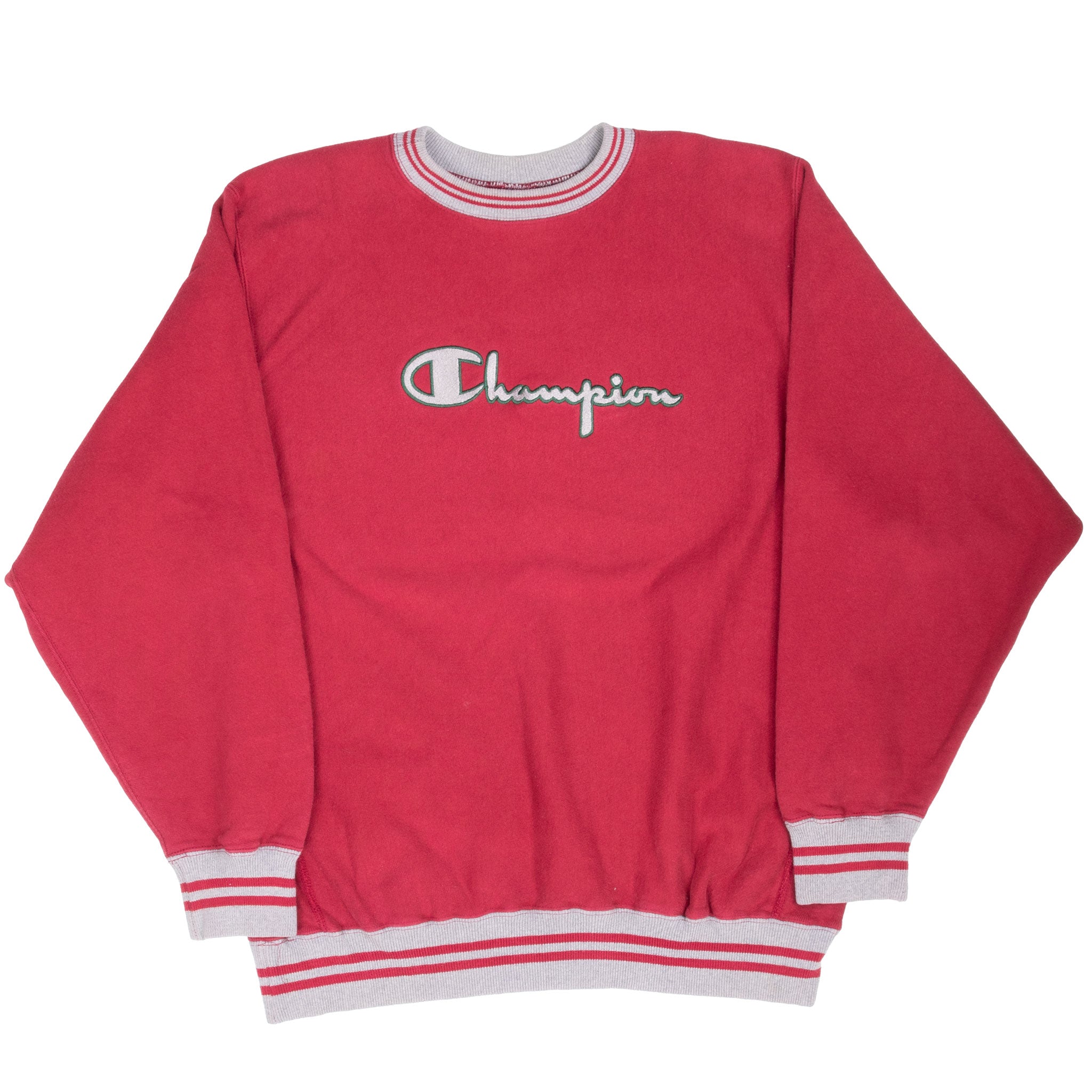 Full front view of red Champion sweatshirt with embroidered logo and gray striped ribbed trim