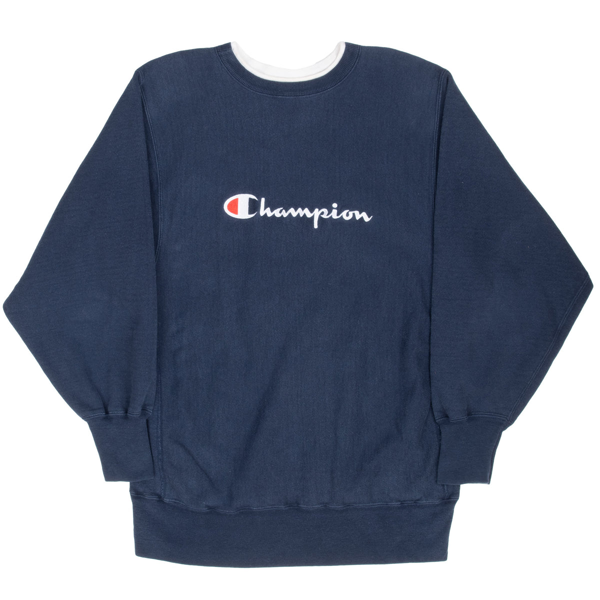 Full front view of blue Champion Reverse Weave sweatshirt with chest logo