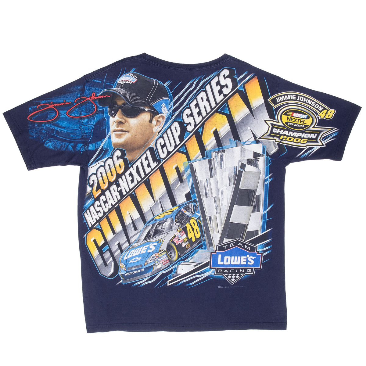 Back of navy Jimmie Johnson tee with 2006 NASCAR Nextel Cup Series, trophy and No. 48 car graphics