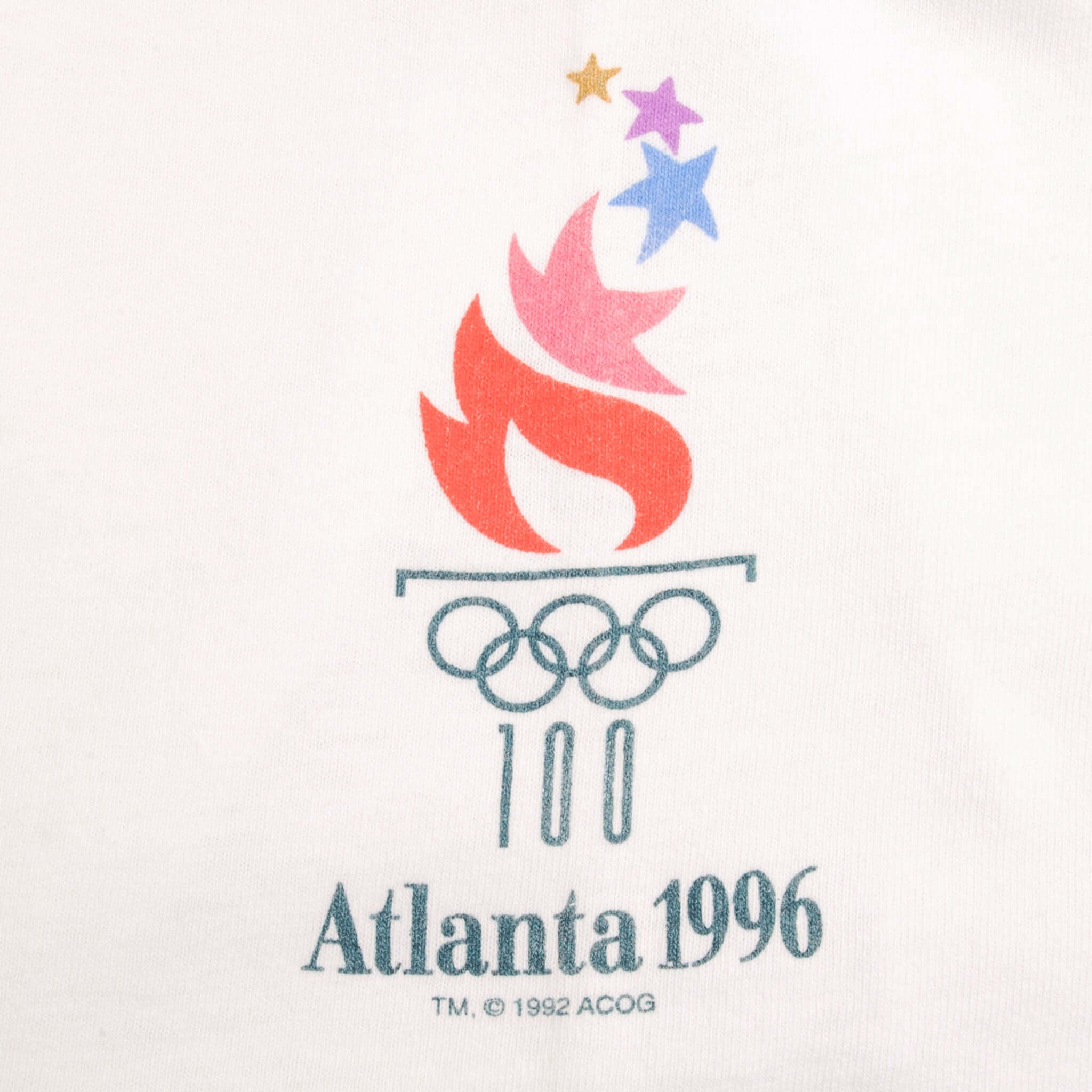 Atlanta 1996 Olympic flame, rings, and centennial 100 sleeve print