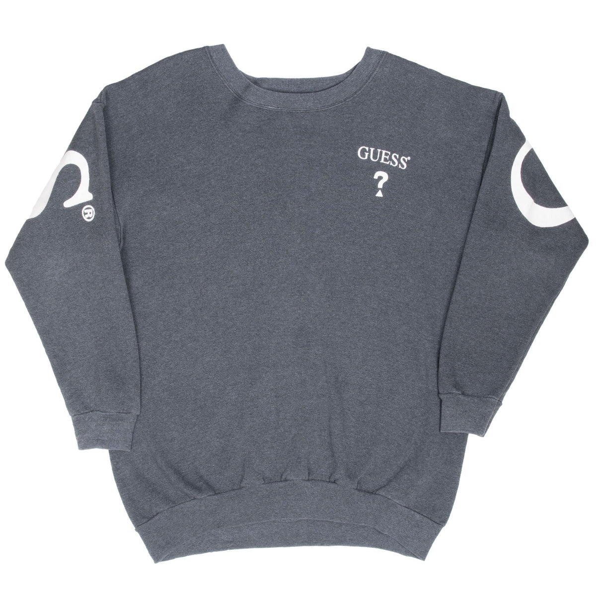 Front of grey Guess crewneck sweatshirt with small white chest logo and sleeve graphics