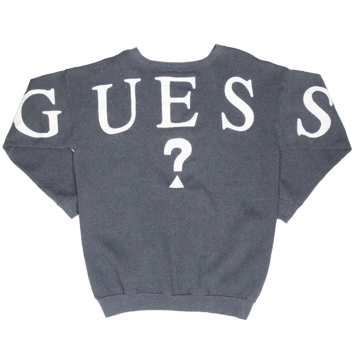 Full back view of grey Guess crewneck sweatshirt with oversized white logo print