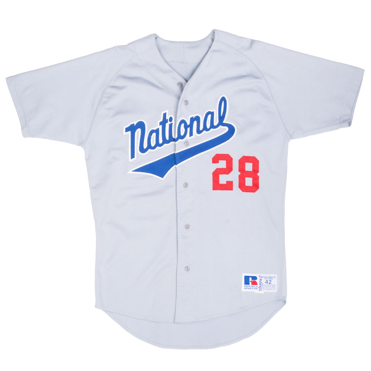Full front of gray Russell baseball jersey with blue National script and red 28