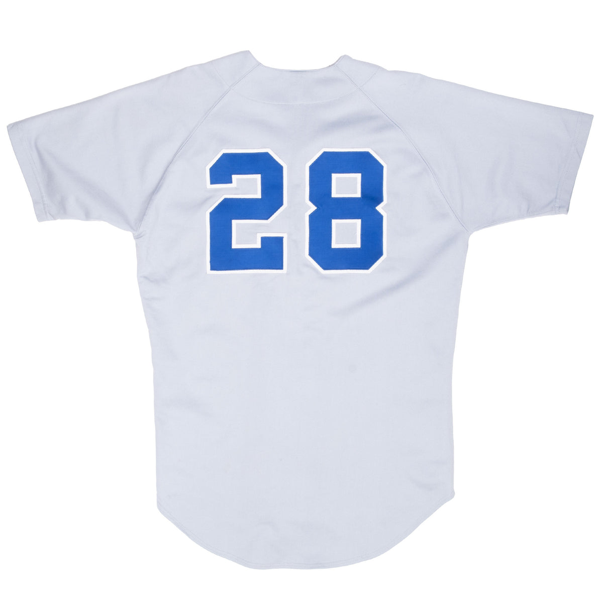 Back of gray Russell baseball jersey with large blue 28 outlined in white