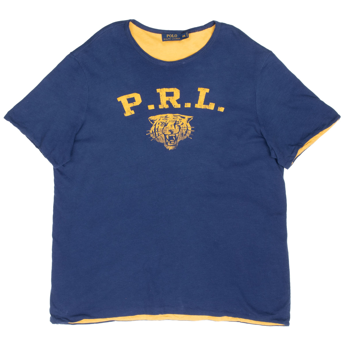 Full front of navy Polo Ralph Lauren T-shirt with yellow trim, P.R.L. lettering, and tiger graphic