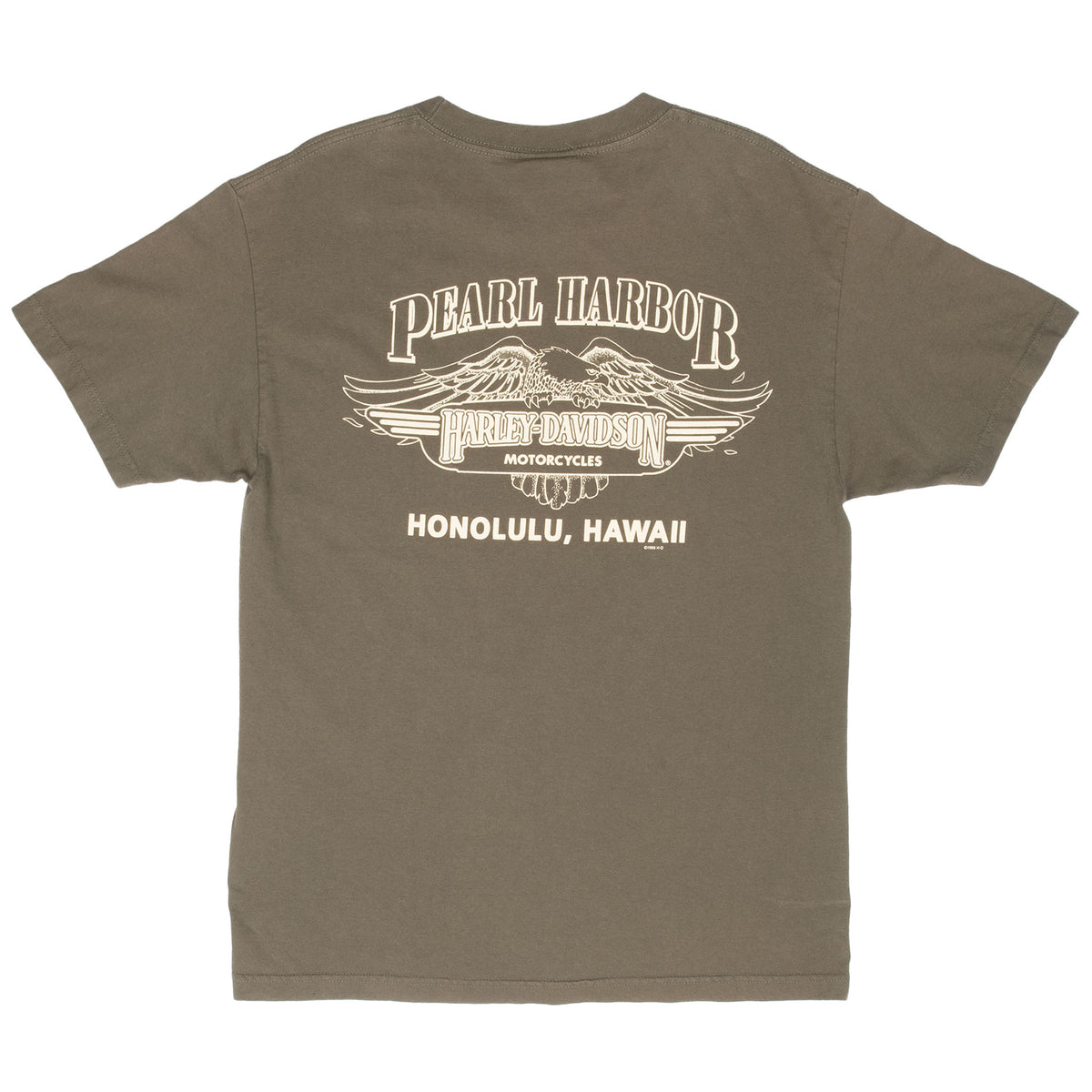 Back of olive Harley-Davidson tee with Pearl Harbor Honolulu eagle graphic
