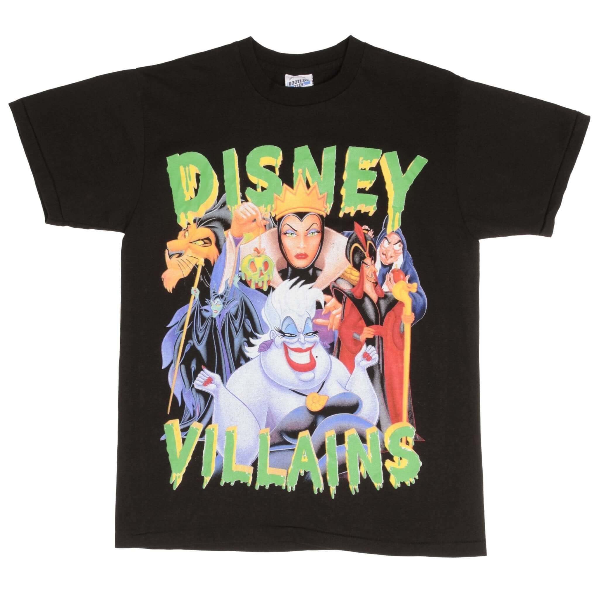 Bootleg Disney Villains Tee Shirt Size Large With Single Stitch Sleeves With Cruella de Vil (101 Dalmatians), Ursula (The Little Mermaid), The Evil Queen (Snow White and the Seven Dwarfs) and Maleficent (Sleeping Beauty)